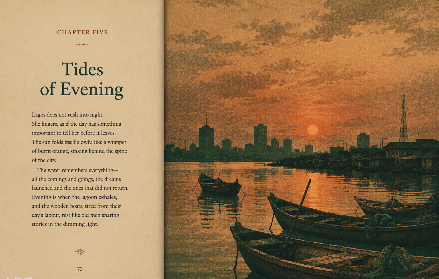 Illustrated chapter opening: Tides of Evening, boats on the Lagos waterfront at dusk